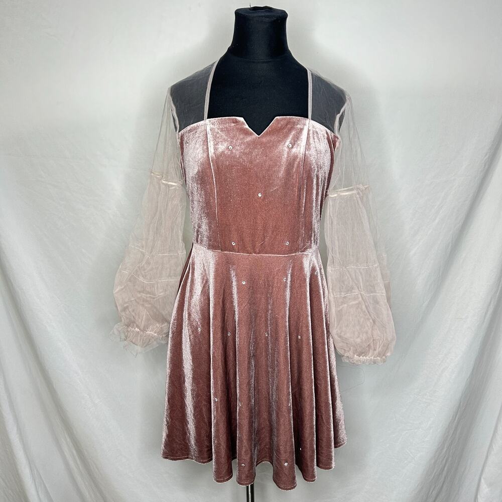 JZ Collection Women's Star Velvet Dress Sheer Sleeves Purple Size Medium